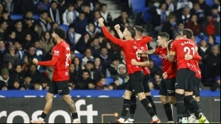 <p>The Mallorca players celebrate a goal</p>