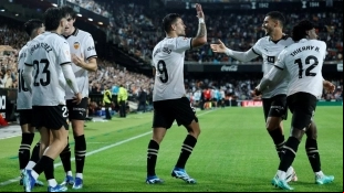 The Valencia players celebrate a goal
